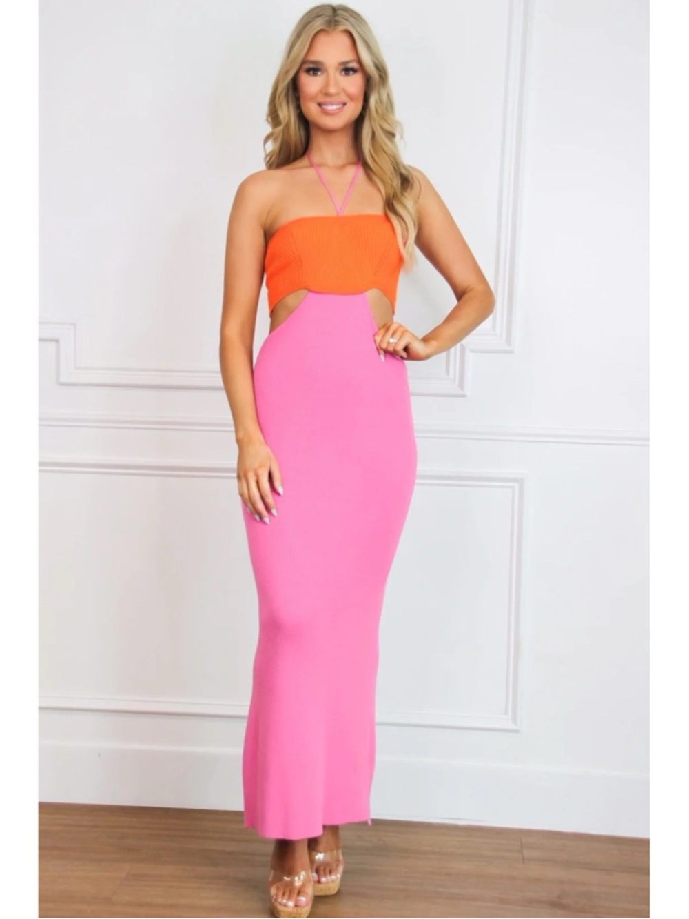 Pants Store Pink Orange Ribbed Knit Colorblock Halter Tie Maxi Dress Medium